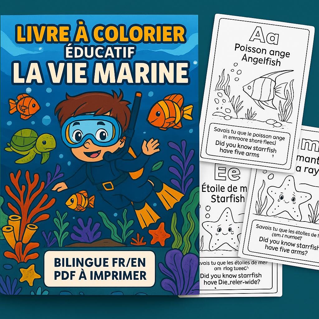 Livre à colorier A-Z – Animaux marins (FR/EN) personnalisé a imprimer